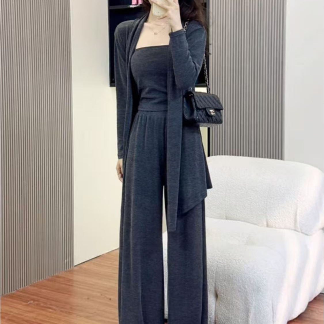 Cardigan Wide-leg Pants And Camisole Fashion Casual Sportswear Set