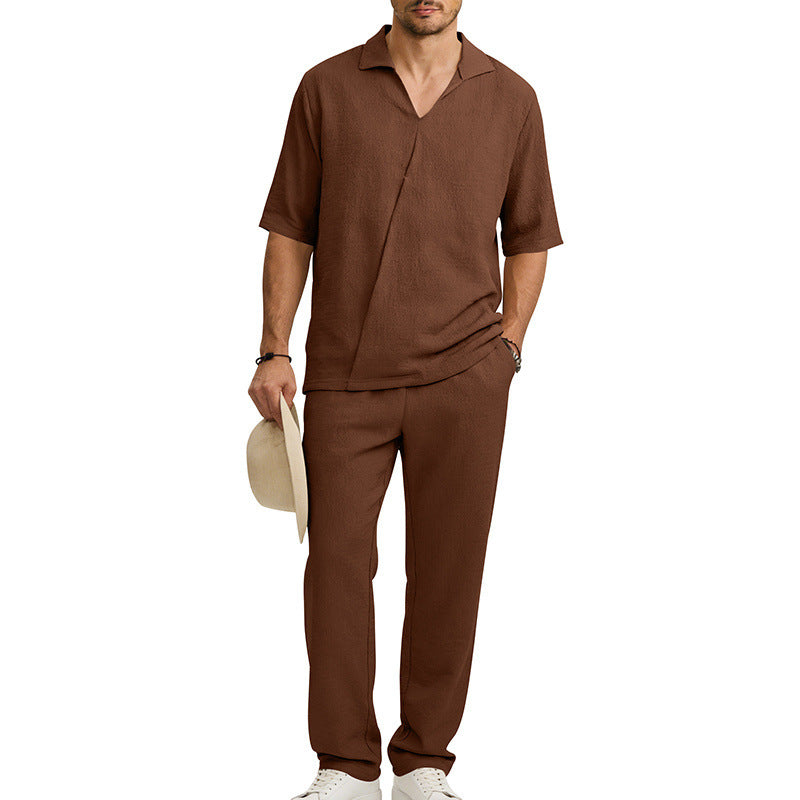 Mens Lapel Short-Sleeve Shirt And Pants Suit