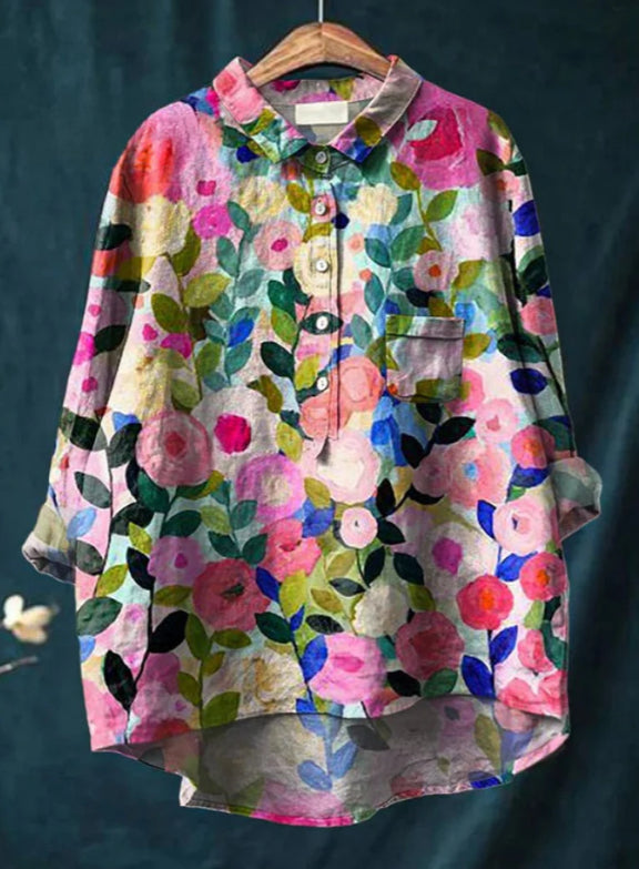 Casual Graffiti Print V-neck Single-button Long-sleeved Shirt