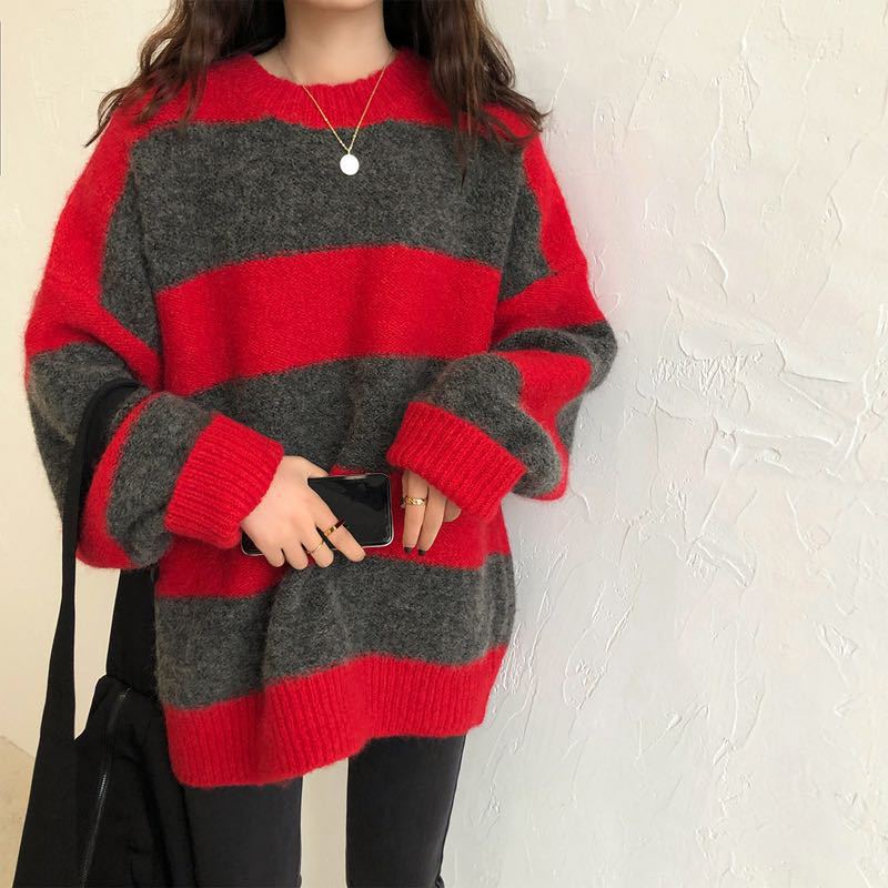 2024 New European Red Knitted Sweater Women's Loose Outer Wear Thickened Sweater