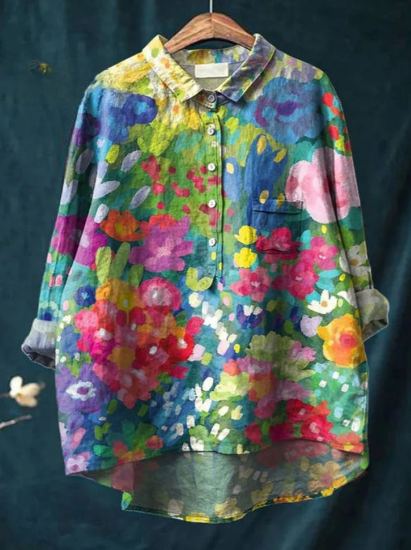 Casual Graffiti Print V-neck Single-button Long-sleeved Shirt