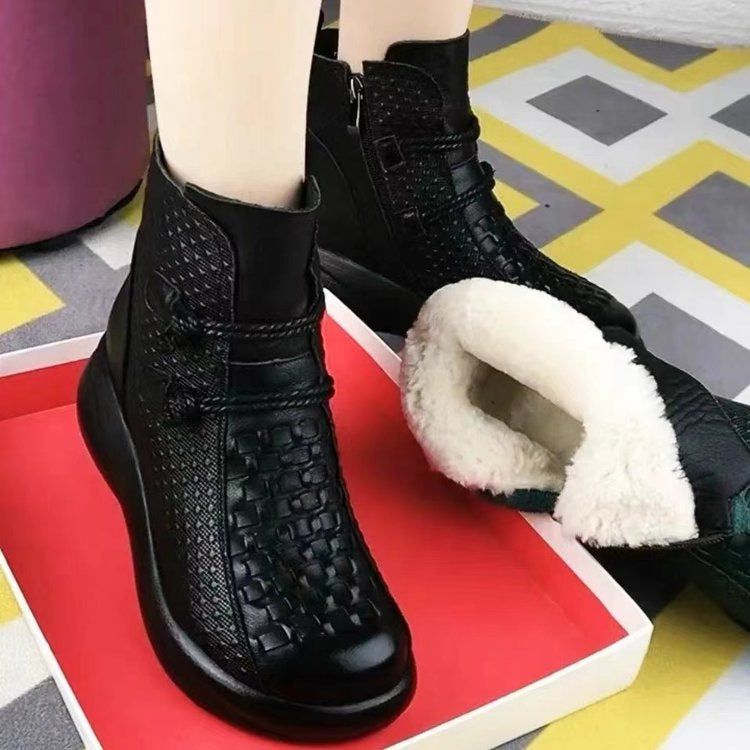 Womens Soft-leather Round-toe Fleece-lined Thermal Cotton Boots