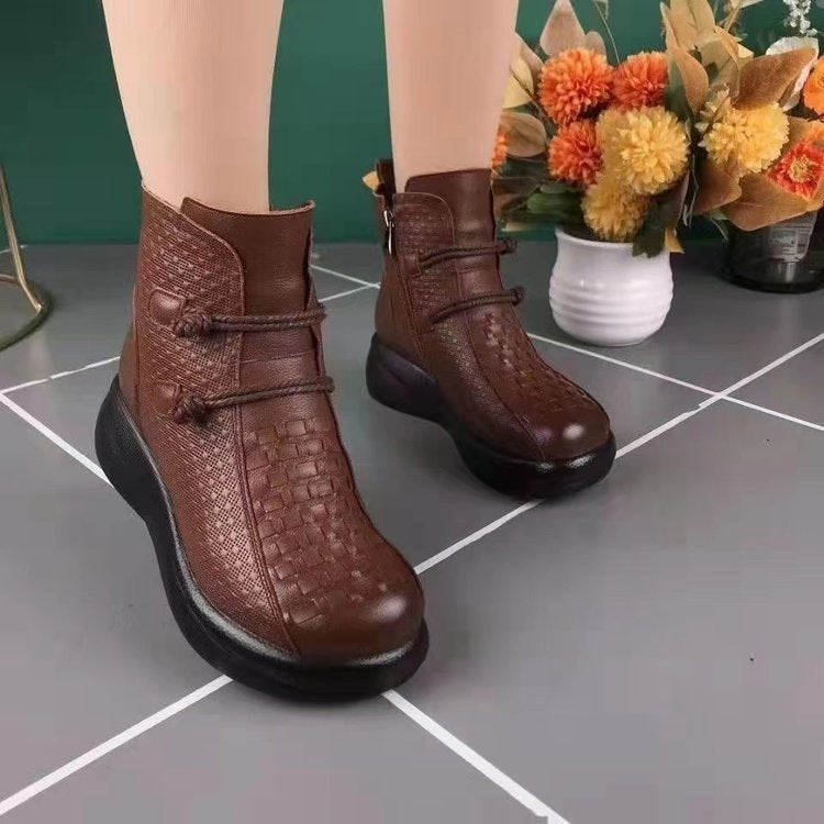 Womens Soft-leather Round-toe Fleece-lined Thermal Cotton Boots