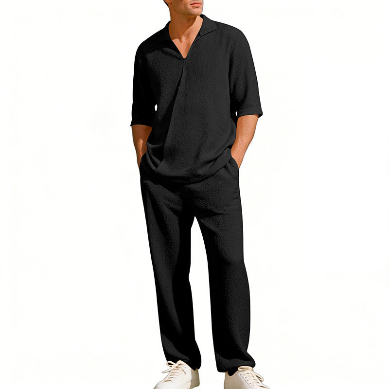 Mens Lapel Short-Sleeve Shirt And Pants Suit