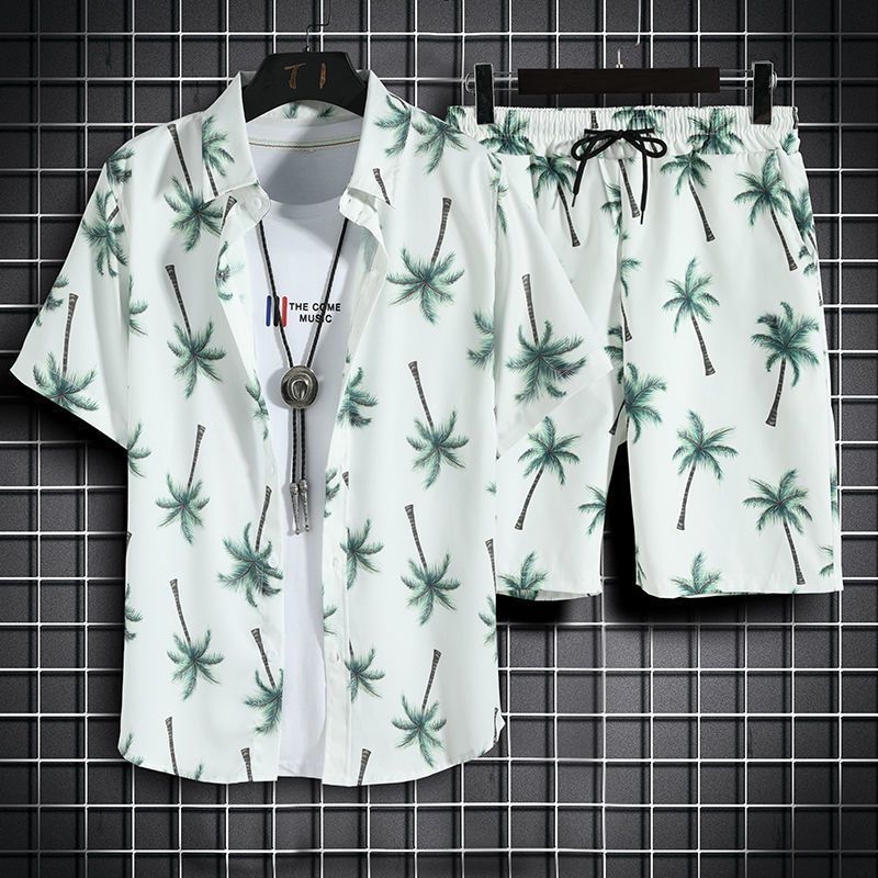 Mens Short-Sleeve Shirt And Casual Shorts Set