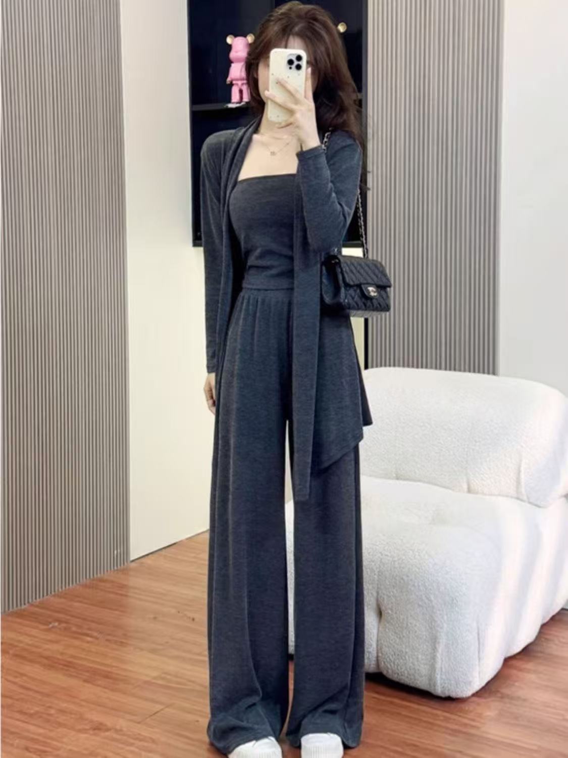 Cardigan Wide-leg Pants And Camisole Fashion Casual Sportswear Set