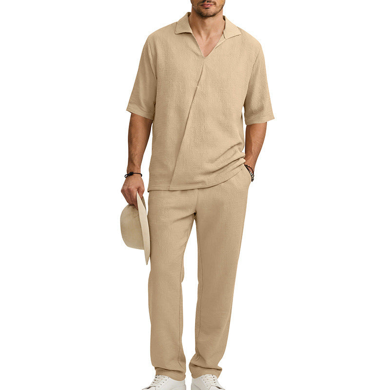 Mens Lapel Short-Sleeve Shirt And Pants Suit