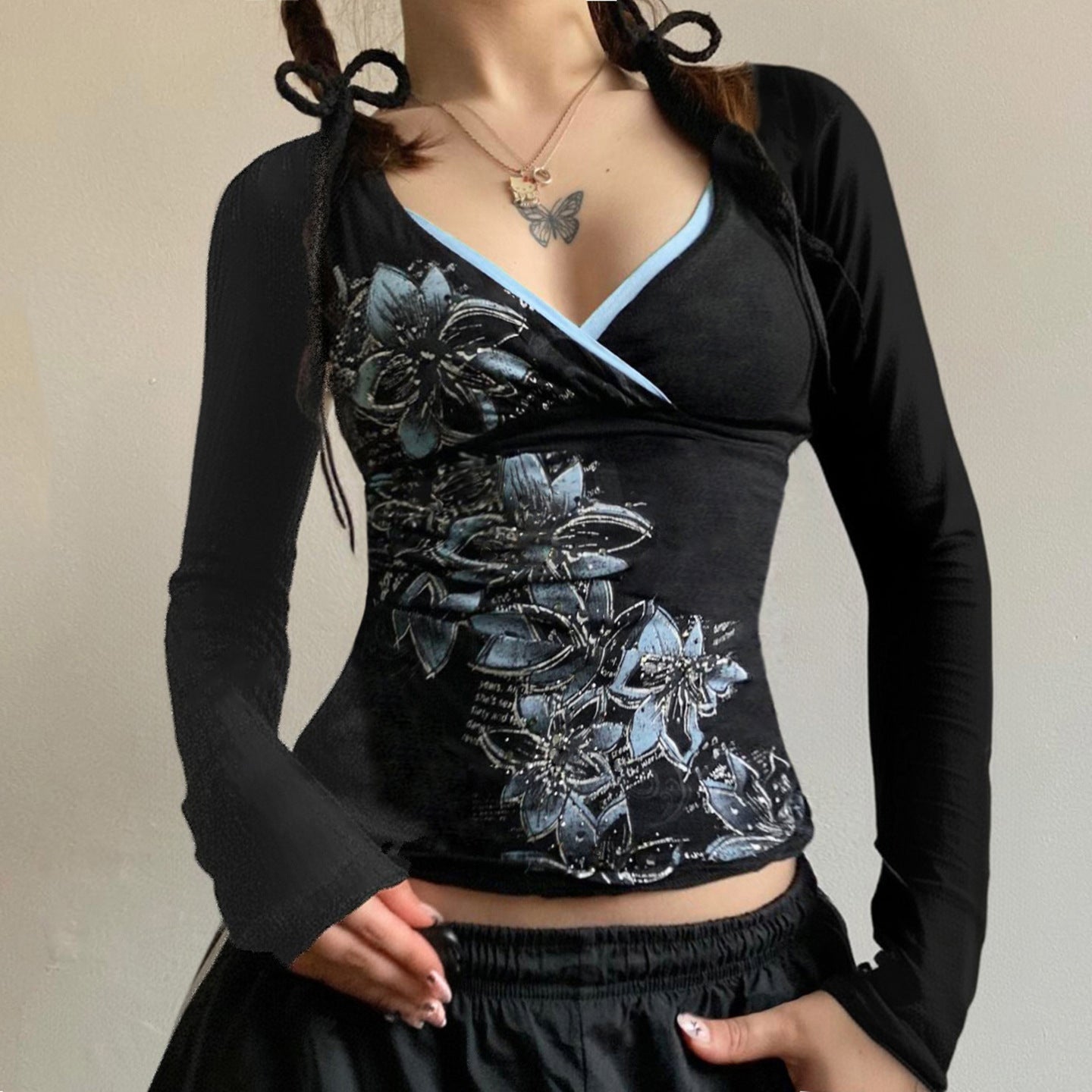 American Retro Plant Flower Print V Neck Slim T-Shirt Knitted Contrast Color Bottoming Shirt New Top