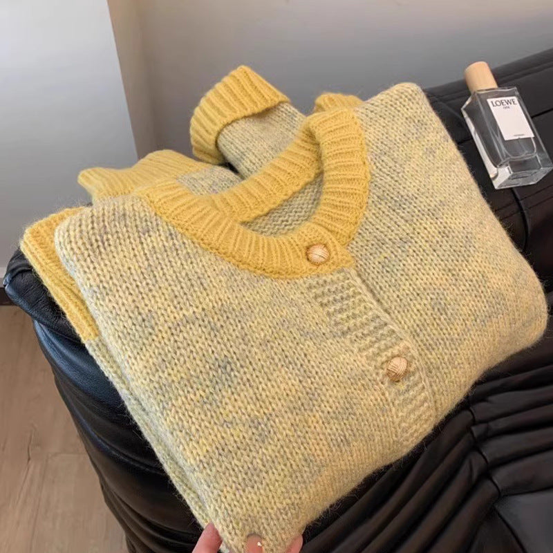 Chanel Style Yellow Short Sweater Coat Women's 2024 Spring And Autumn Thick Lazy Style Small Knitted Cardigan Top