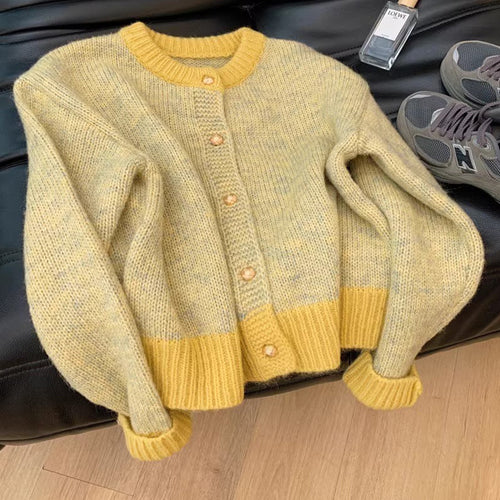 Chanel Style Yellow Short Sweater Coat Women's 2024 Spring And Autumn Thick Lazy Style Small Knitted Cardigan Top