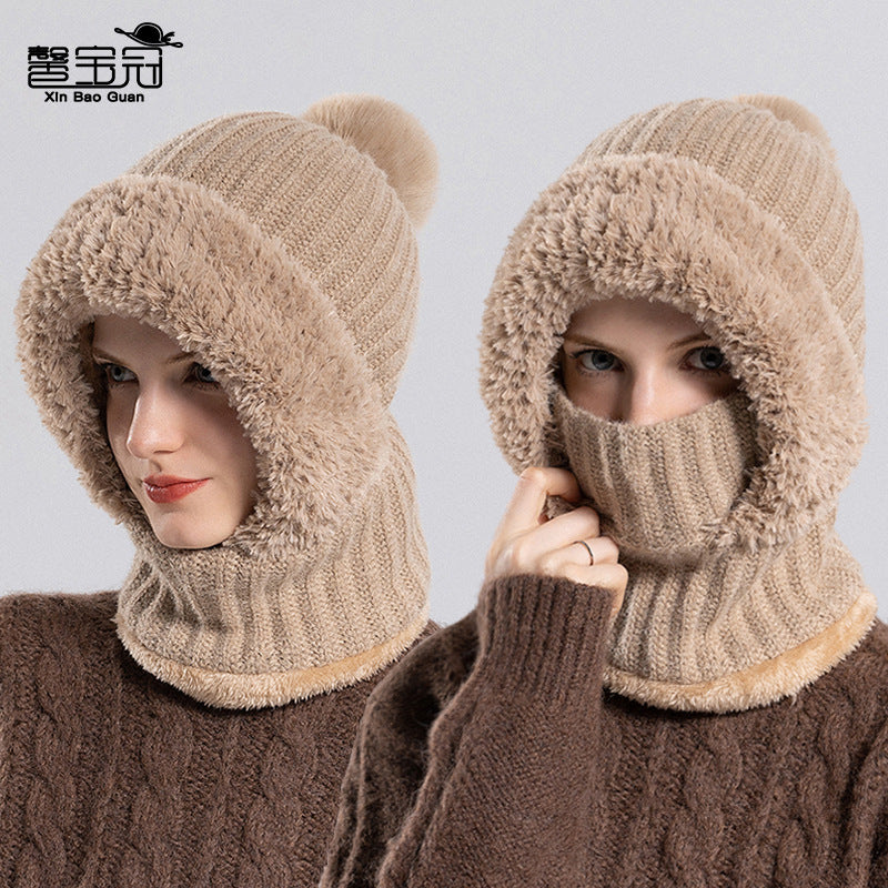 Cross-border Knitted Hat Scarf Mask Integrated Hat Women's Winter Cycling Windproof Fleece-lined Warm Wool Hat