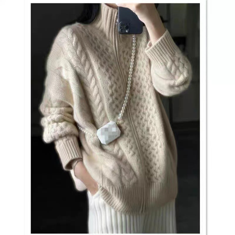 2025 New Autumn And Winter Thickeneded Sweater Jacket Women's Lazy Style Loose Turtleneck Short Knitted Cardigan