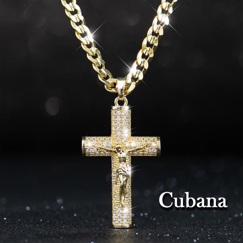 Popular Diamond-Encrusted Large Cross Gold-Plated Full-Diamond Cuban Chain Necklace Light Luxury Simple Hip-Hop Fashion Jewelry