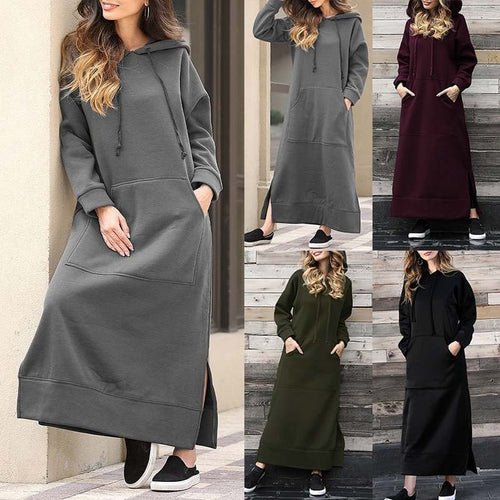 Autumn And Winter New Loose Plus-Size Knitted Hooded Long Dress With Fleece Sweatshirt Casual Fashion Dress With Large Pockets
