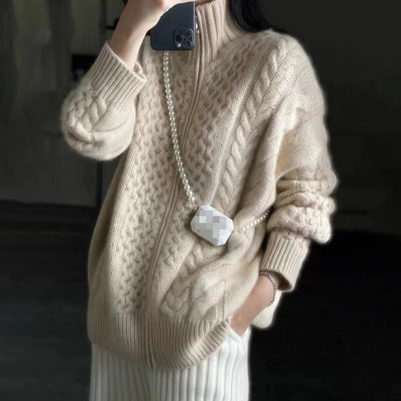 2025 New Autumn And Winter Thickeneded Sweater Jacket Women's Lazy Style Loose Turtleneck Short Knitted Cardigan