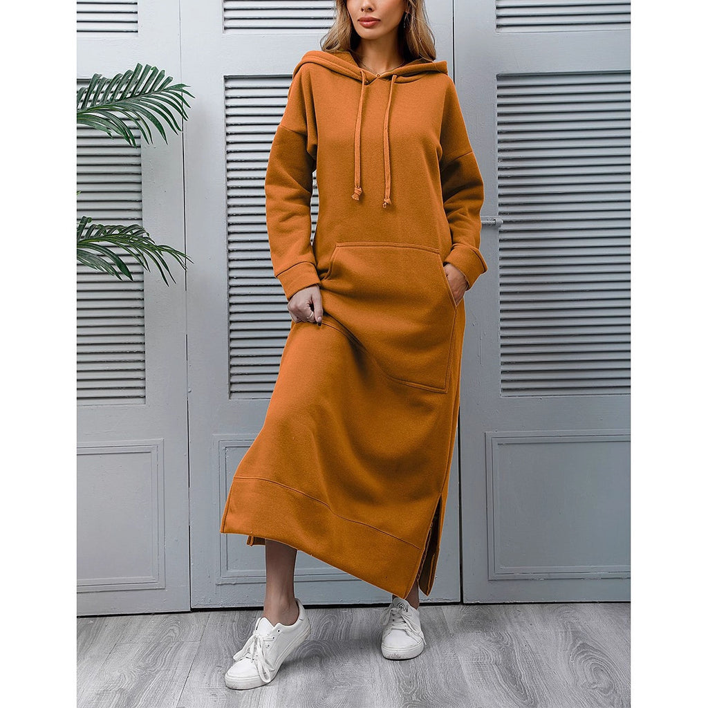 Autumn And Winter New Loose Plus-Size Knitted Hooded Long Dress With Fleece Sweatshirt Casual Fashion Dress With Large Pockets