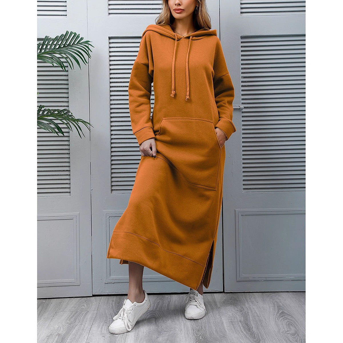 Autumn And Winter New Loose Plus-Size Knitted Hooded Long Dress With Fleece Sweatshirt Casual Fashion Dress With Large Pockets