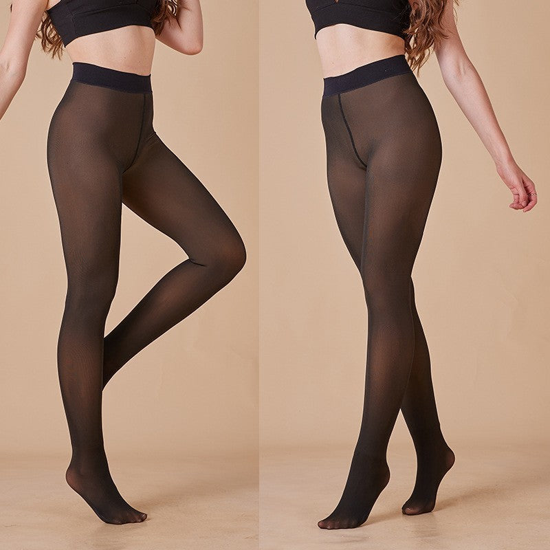 Fake Translucent Autumn And Winter Translucent Large Size Leggings Plus Velvet Women's Black Translucent One-line Crotch Pantyhose