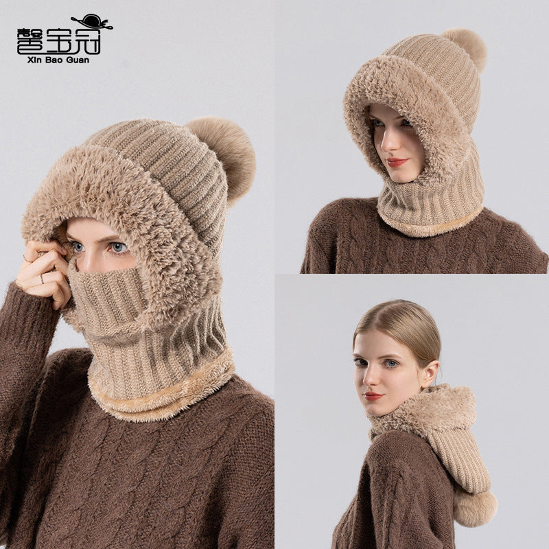 Cross-border Knitted Hat Scarf Mask Integrated Hat Women's Winter Cycling Windproof Fleece-lined Warm Wool Hat