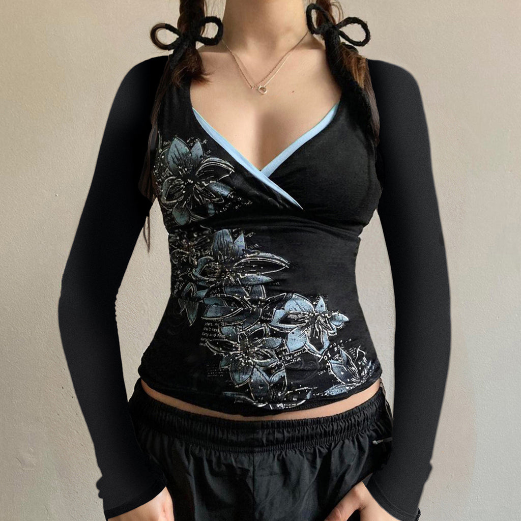 American Retro Plant Flower Print V Neck Slim T-Shirt Knitted Contrast Color Bottoming Shirt New Top