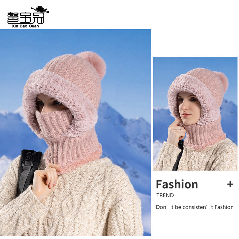 Cross-border Knitted Hat Scarf Mask Integrated Hat Women's Winter Cycling Windproof Fleece-lined Warm Wool Hat