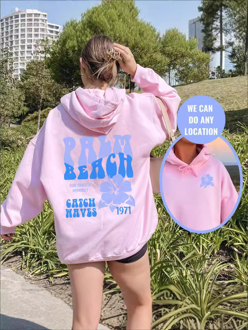 Polyester Ladies Shoulder Sleeve Palmbeach Oversized Sweater Hoodie Printed