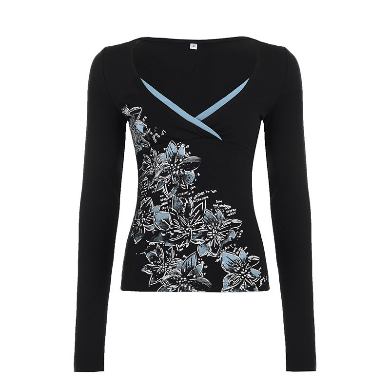 American Retro Plant Flower Print V Neck Slim T-Shirt Knitted Contrast Color Bottoming Shirt New Top