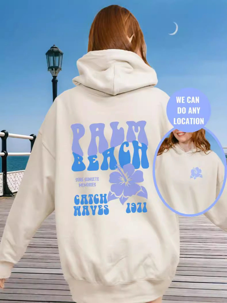 Polyester Ladies Shoulder Sleeve Palmbeach Oversized Sweater Hoodie Printed