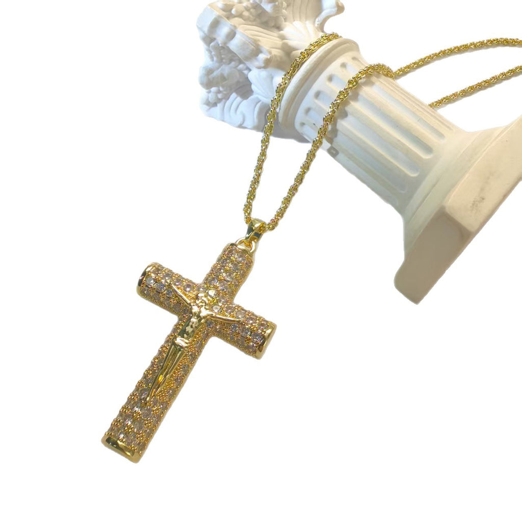 Popular Diamond-Encrusted Large Cross Gold-Plated Full-Diamond Cuban Chain Necklace Light Luxury Simple Hip-Hop Fashion Jewelry