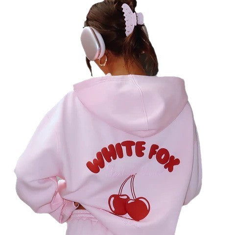 New Cherry Hooded Sweatshirt Sweatshirt Casual Loose Shoulder Threaded Cuffs Hem Hooded Print