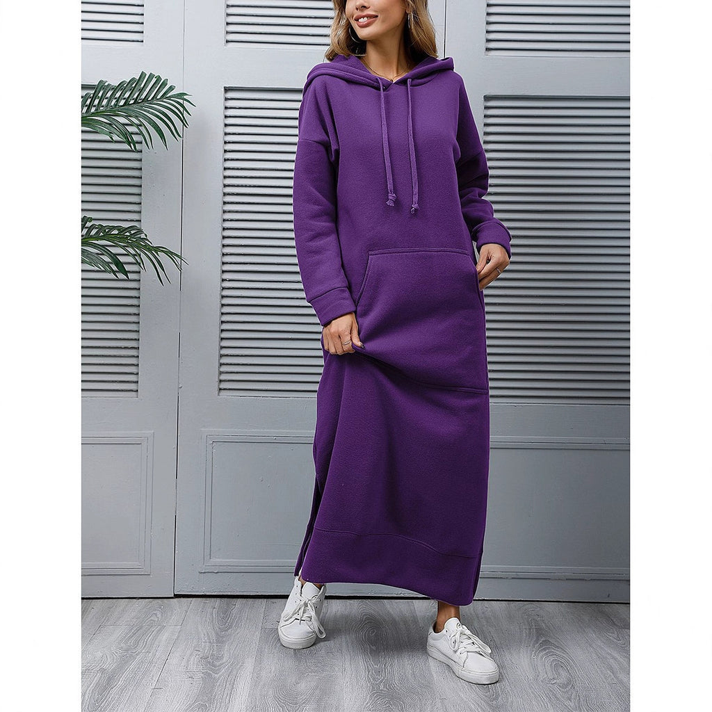 Autumn And Winter New Loose Plus-Size Knitted Hooded Long Dress With Fleece Sweatshirt Casual Fashion Dress With Large Pockets