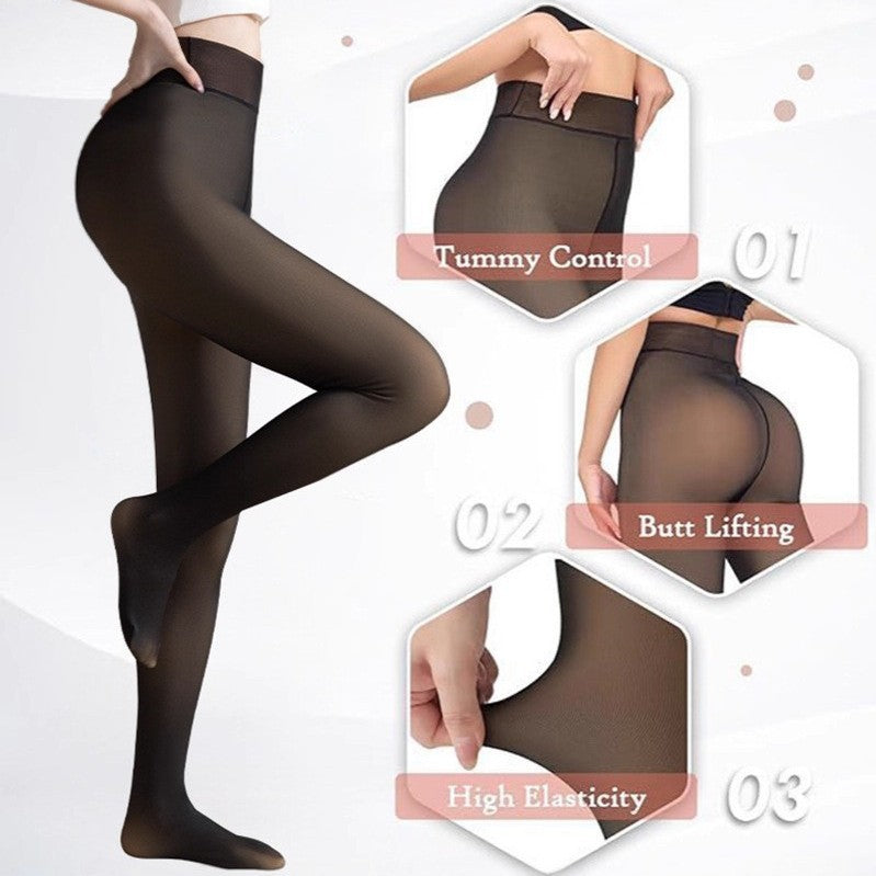 Fake Translucent Autumn And Winter Translucent Large Size Leggings Plus Velvet Women's Black Translucent One-line Crotch Pantyhose