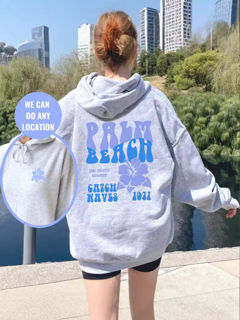 Polyester Ladies Shoulder Sleeve Palmbeach Oversized Sweater Hoodie Printed