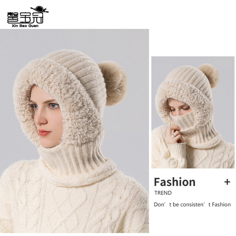 Cross-border Knitted Hat Scarf Mask Integrated Hat Women's Winter Cycling Windproof Fleece-lined Warm Wool Hat
