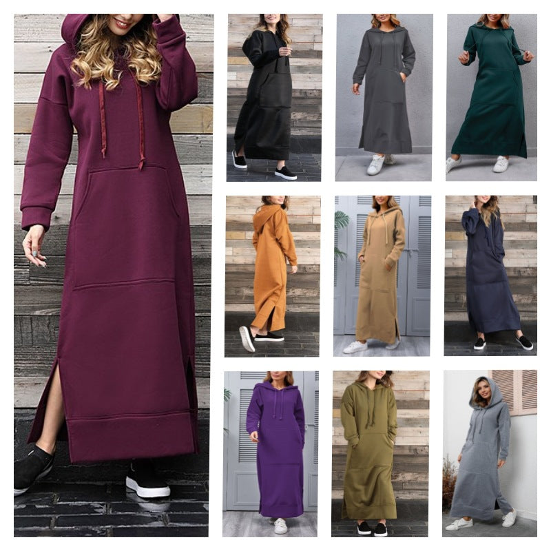 Autumn And Winter New Loose Plus-Size Knitted Hooded Long Dress With Fleece Sweatshirt Casual Fashion Dress With Large Pockets