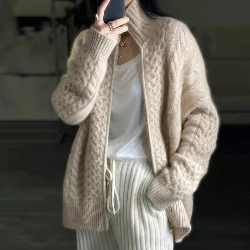 2025 New Autumn And Winter Thickeneded Sweater Jacket Women's Lazy Style Loose Turtleneck Short Knitted Cardigan