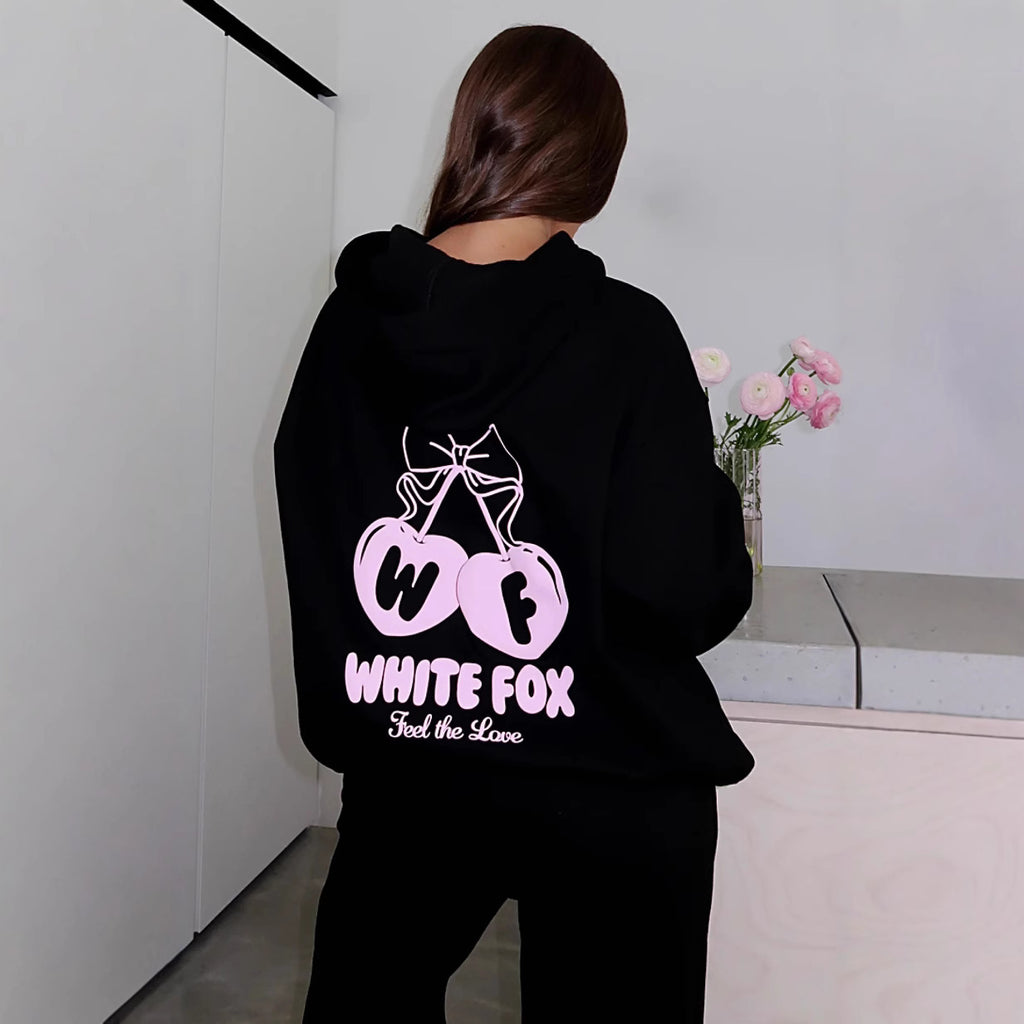 New Cherry Hooded Sweatshirt Sweatshirt Casual Loose Shoulder Threaded Cuffs Hem Hooded Print