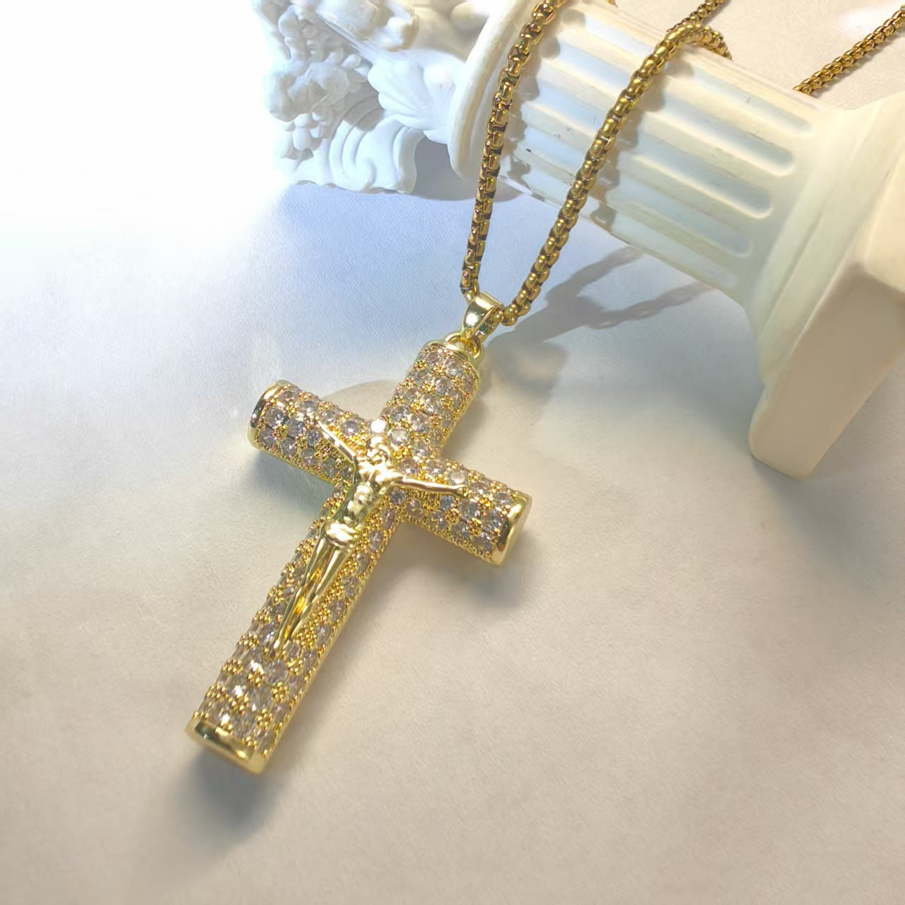 Popular Diamond-Encrusted Large Cross Gold-Plated Full-Diamond Cuban Chain Necklace Light Luxury Simple Hip-Hop Fashion Jewelry