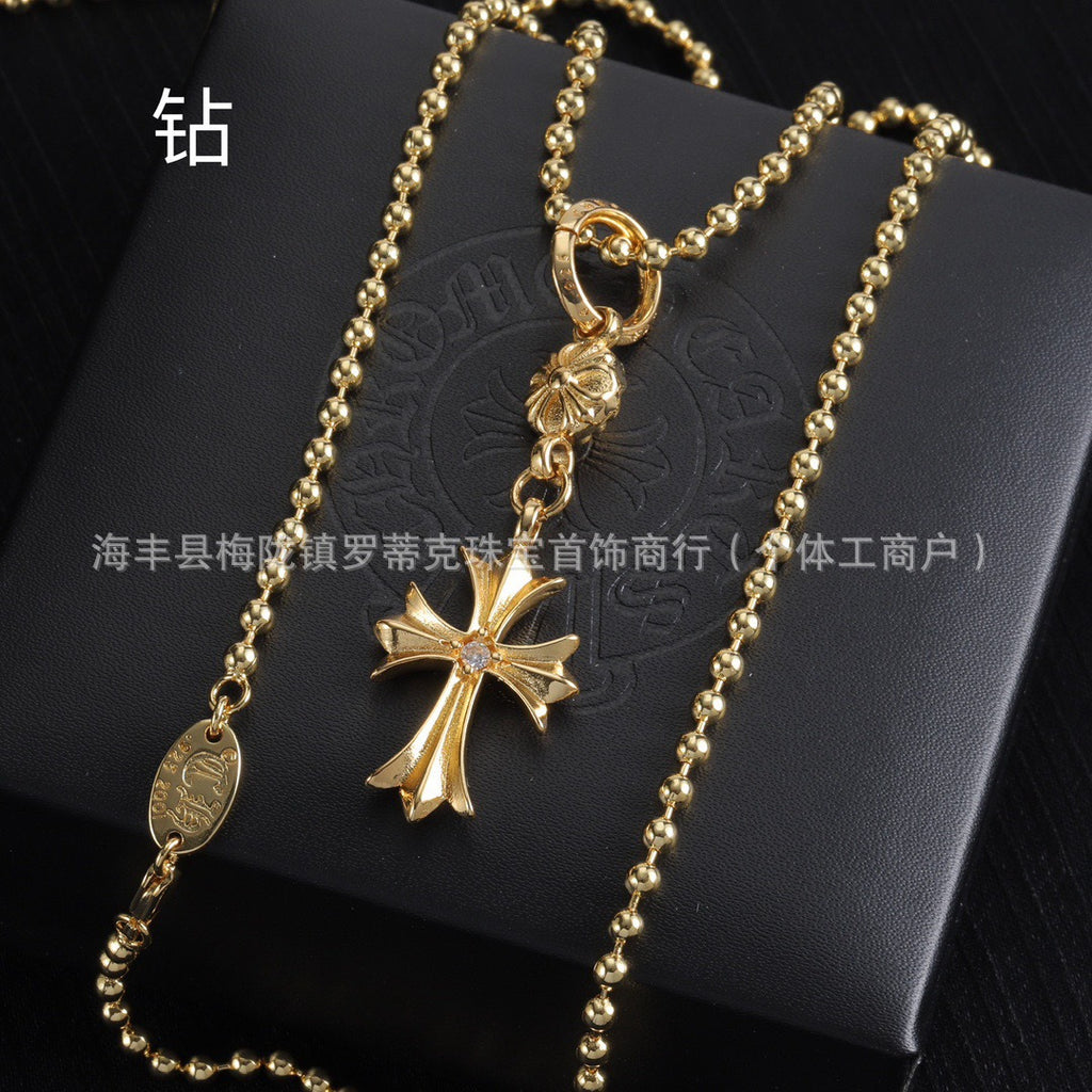 Copper Necklace  Diamond European And American Ins Old Retro Cross Necklace Same Style For Men And Women Couples