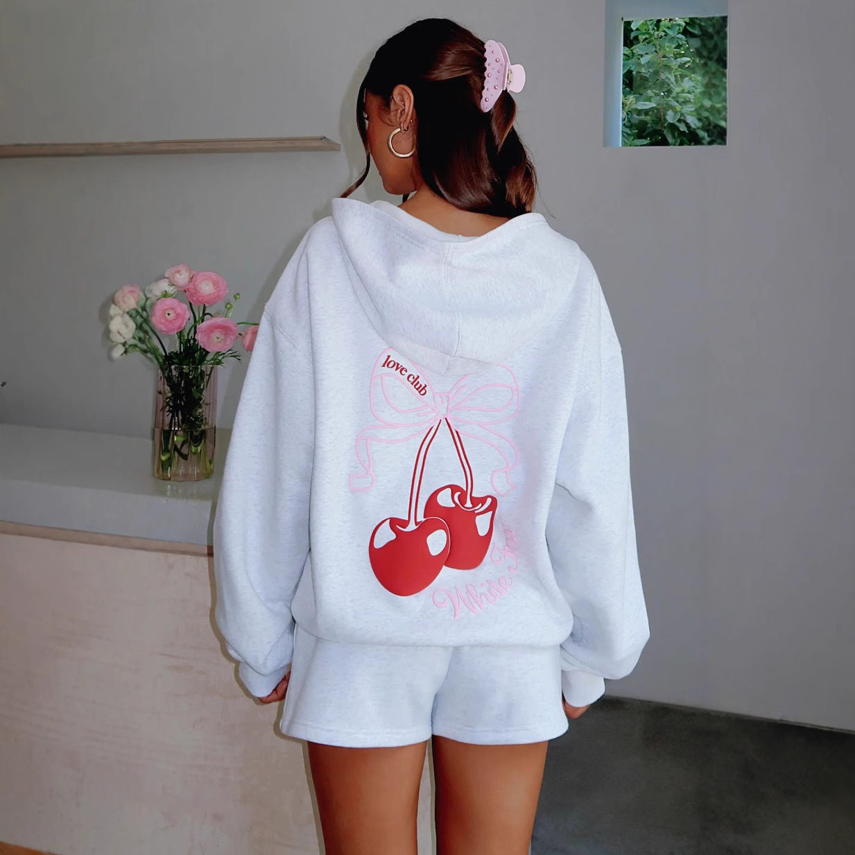 New Cherry Hooded Sweatshirt Sweatshirt Casual Loose Shoulder Threaded Cuffs Hem Hooded Print