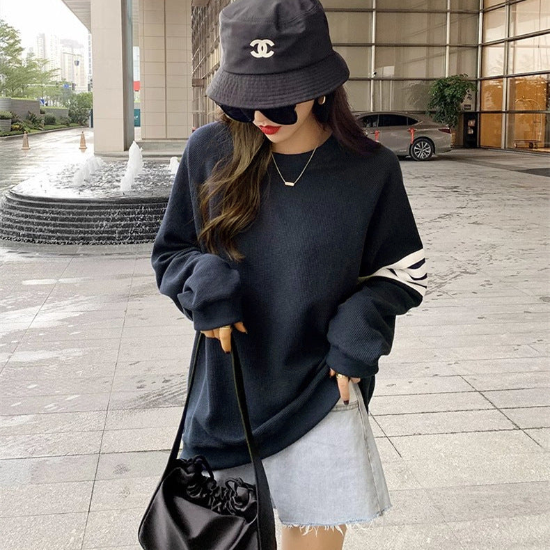 Polyester Waffle Sweatshirt Round Neck Long Sleeve Women's Sweatshirt Fashion Casual Loose Large Size Street Stall Supply Wholesale