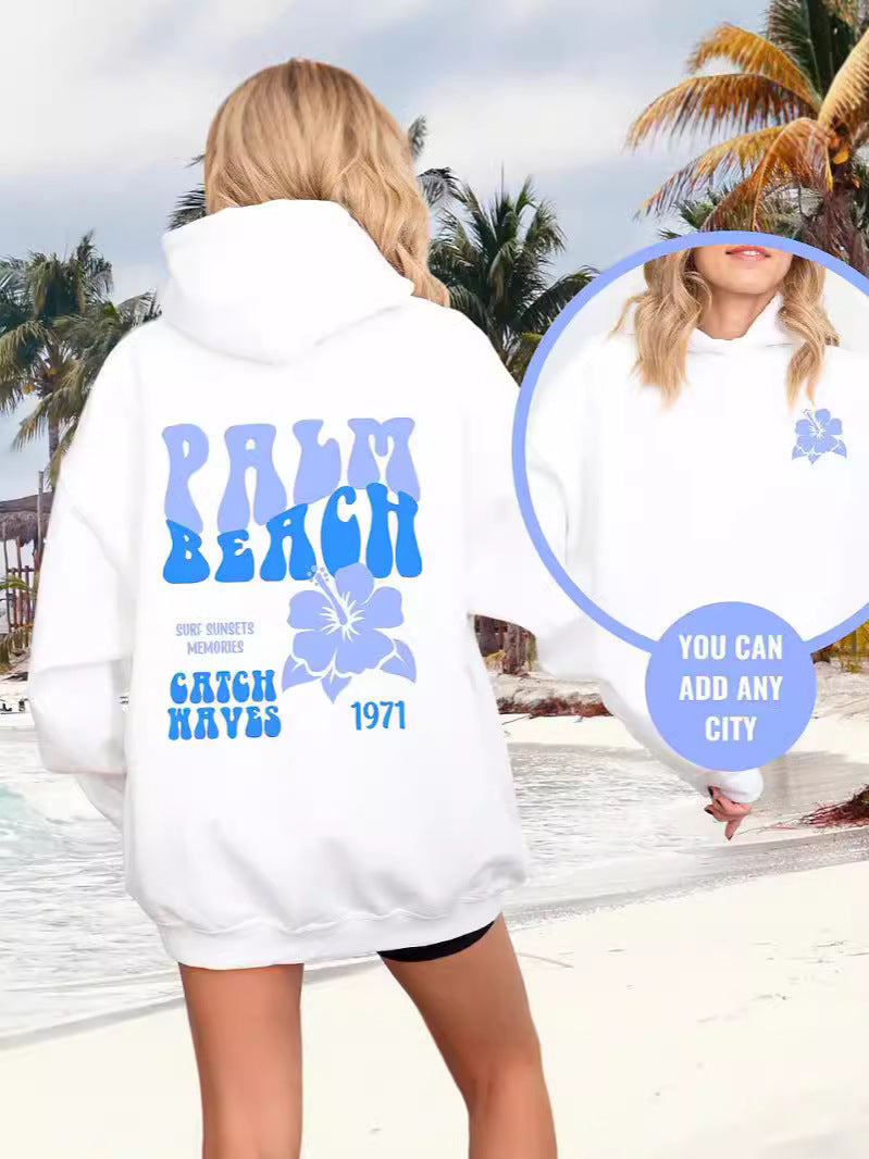 Polyester Ladies Shoulder Sleeve Palmbeach Oversized Sweater Hoodie Printed