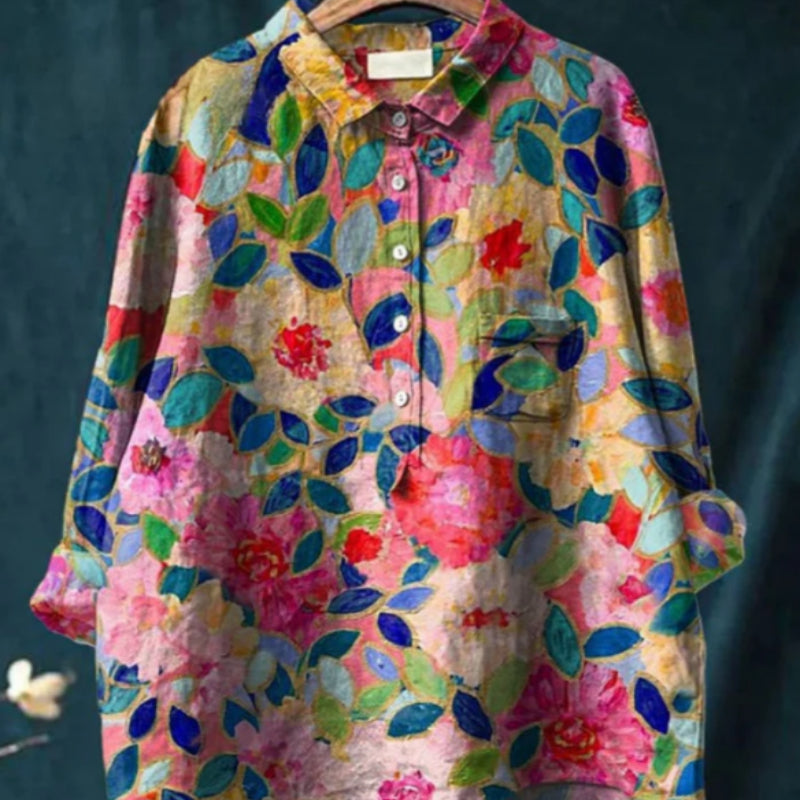 Casual Graffiti Print V-neck Single-button Long-sleeved Shirt