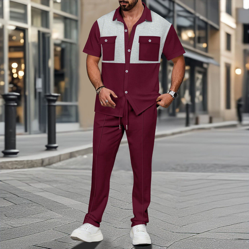 Color-block Short-sleeve Shirt And Pants Two-piece Set