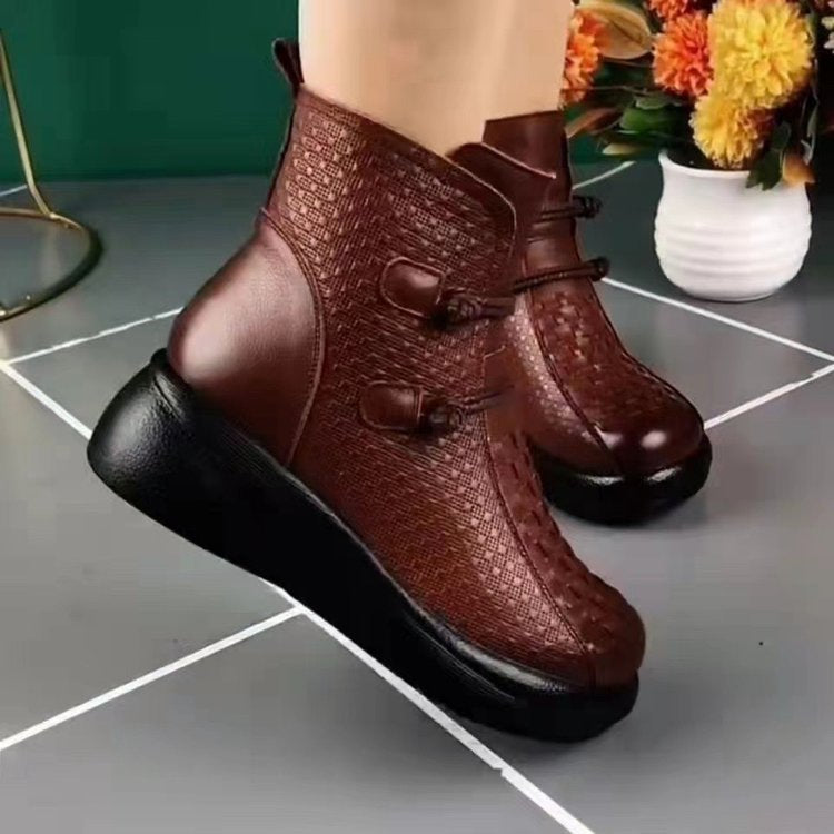 Womens Soft-leather Round-toe Fleece-lined Thermal Cotton Boots