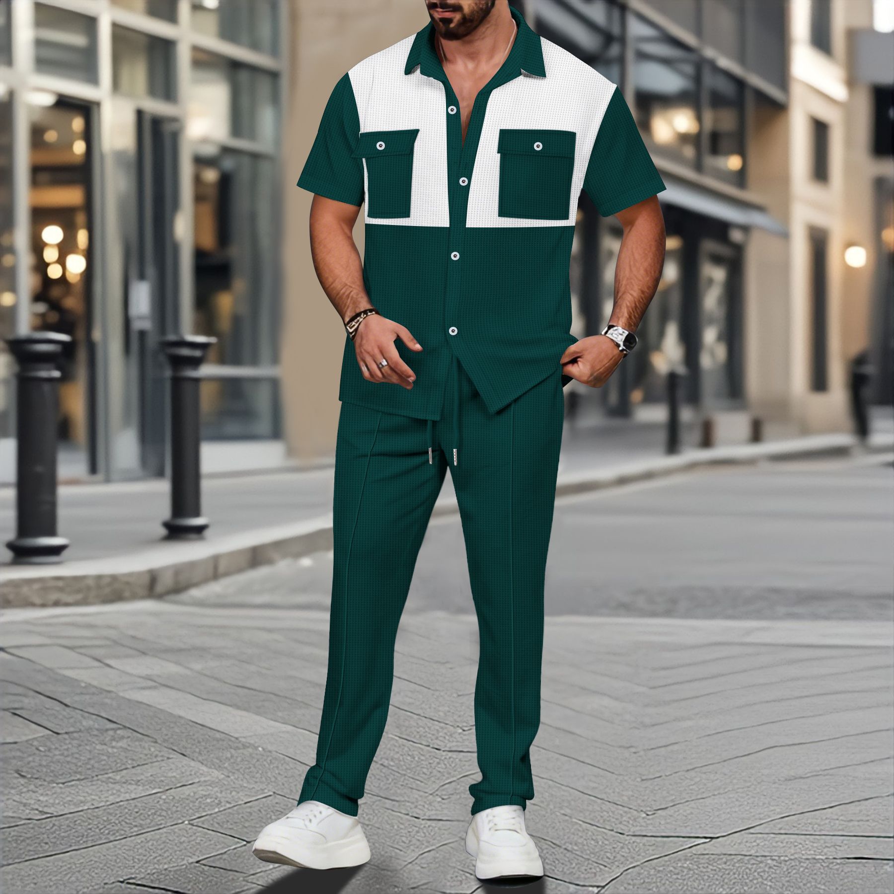 Color-block Short-sleeve Shirt And Pants Two-piece Set