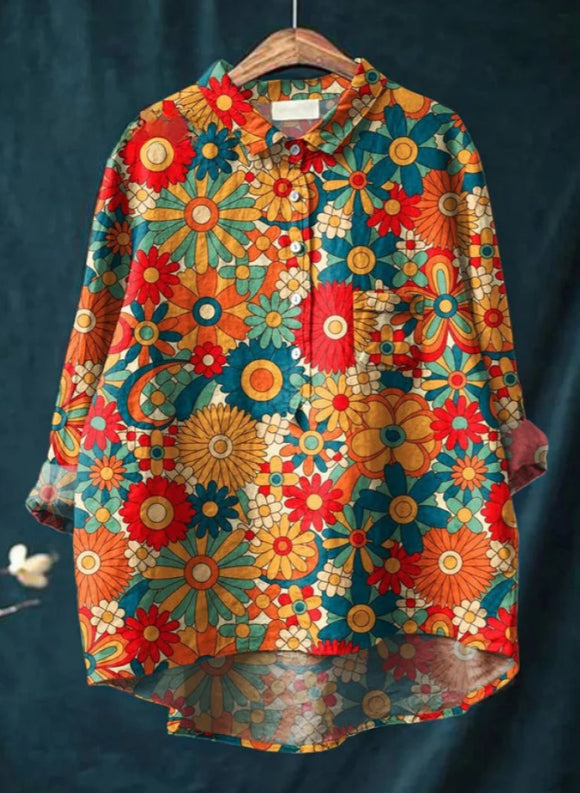 Casual Graffiti Print V-neck Single-button Long-sleeved Shirt