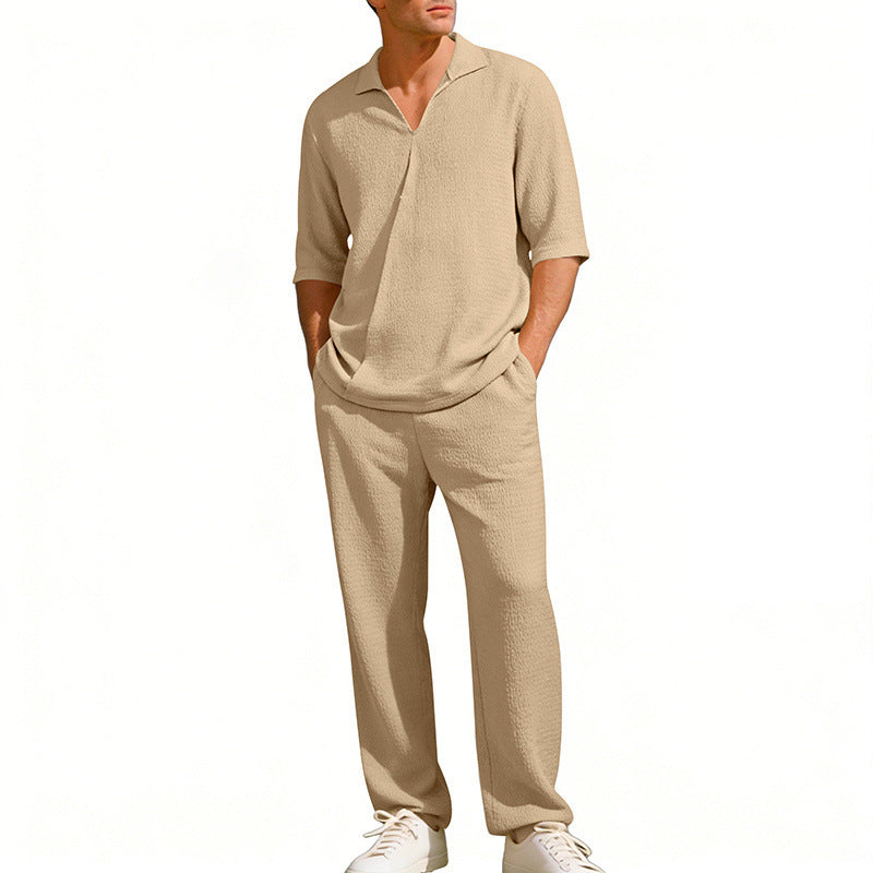 Mens Lapel Short-Sleeve Shirt And Pants Suit