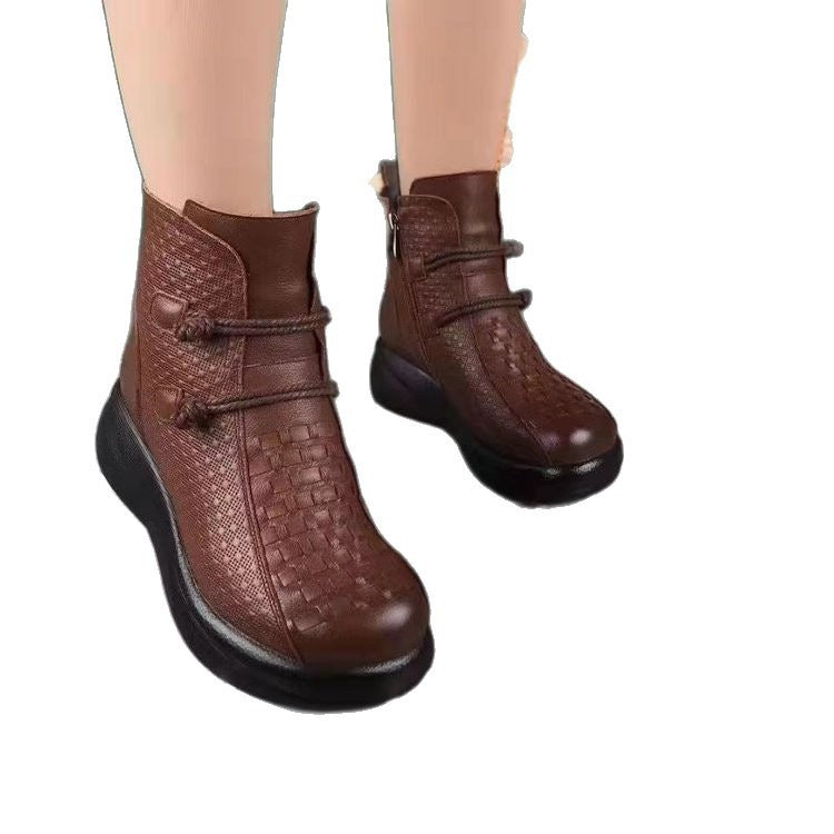 Womens Soft-leather Round-toe Fleece-lined Thermal Cotton Boots